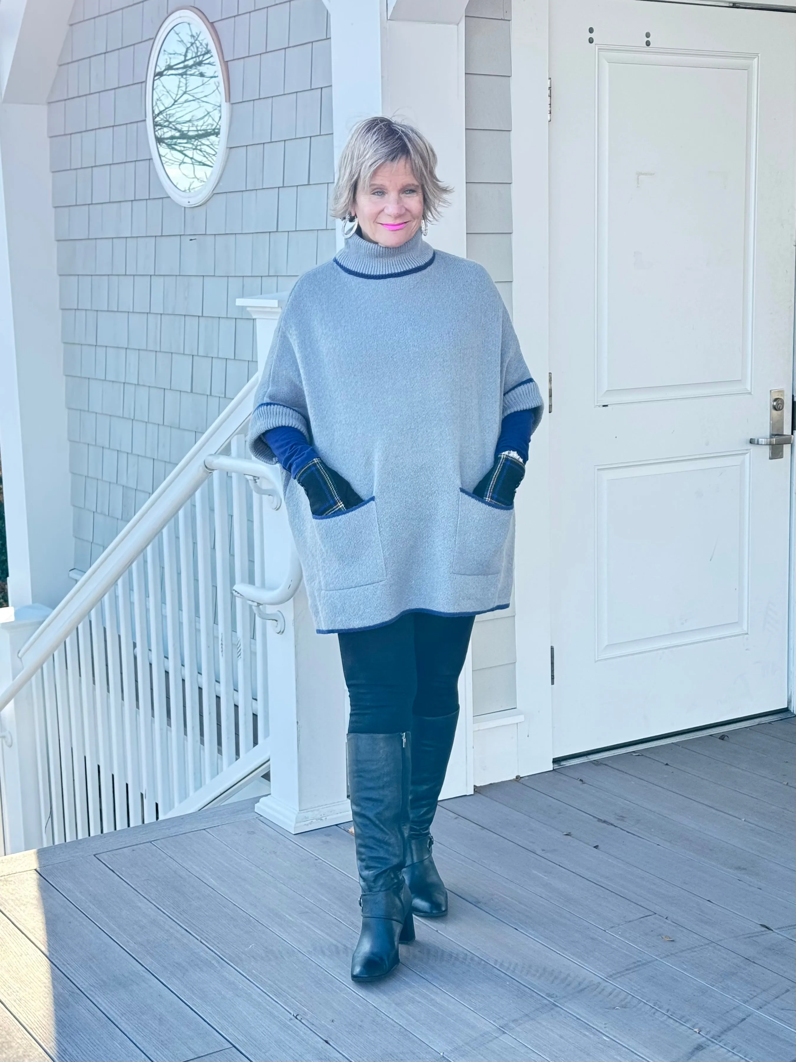 🐢 Cozy Turtle Gray  Neck Poncho with Arm Holes