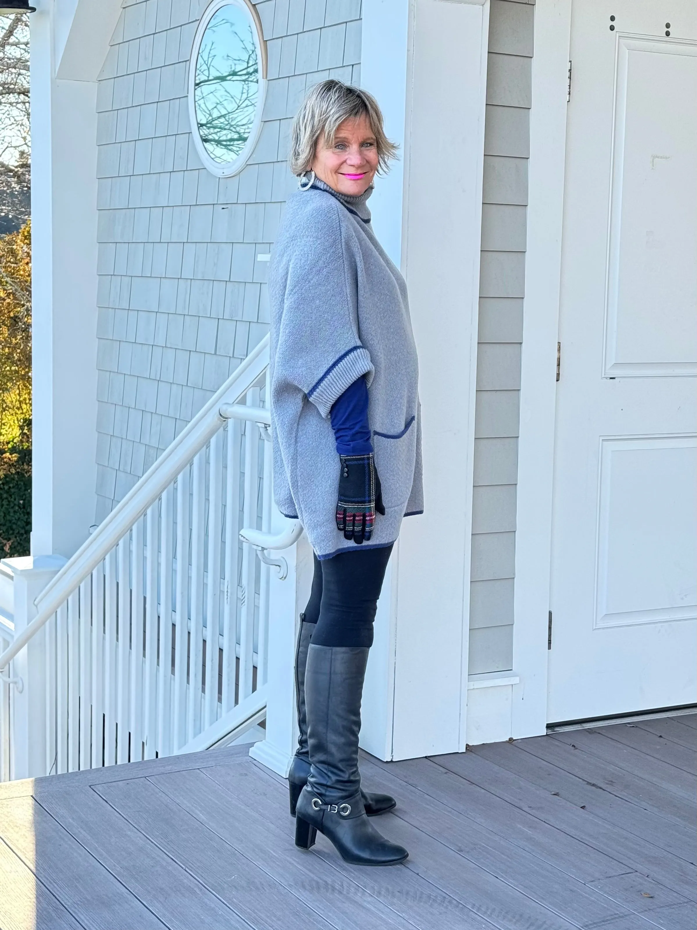 🐢 Cozy Turtle Gray  Neck Poncho with Arm Holes