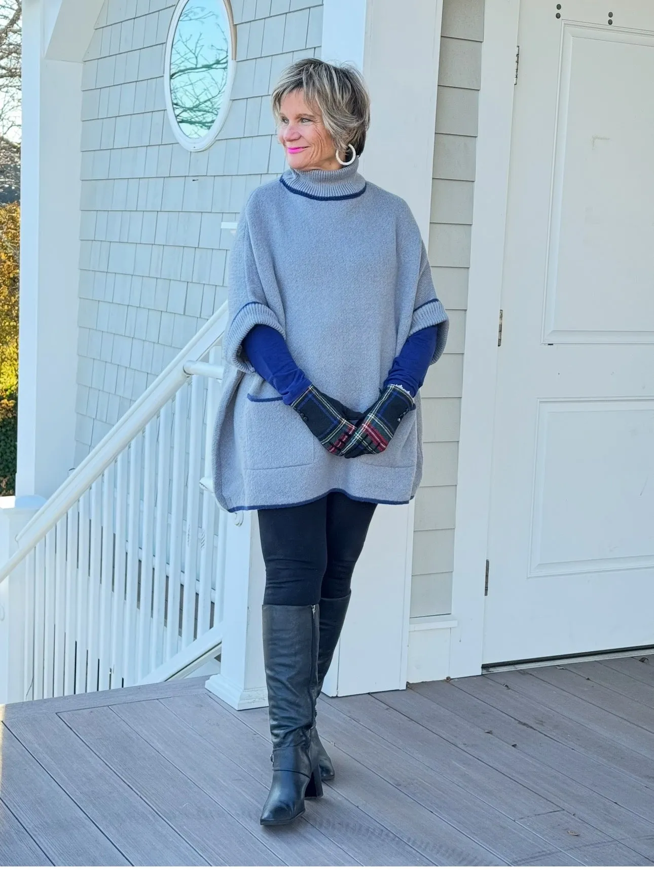 🐢 Cozy Turtle Gray  Neck Poncho with Arm Holes