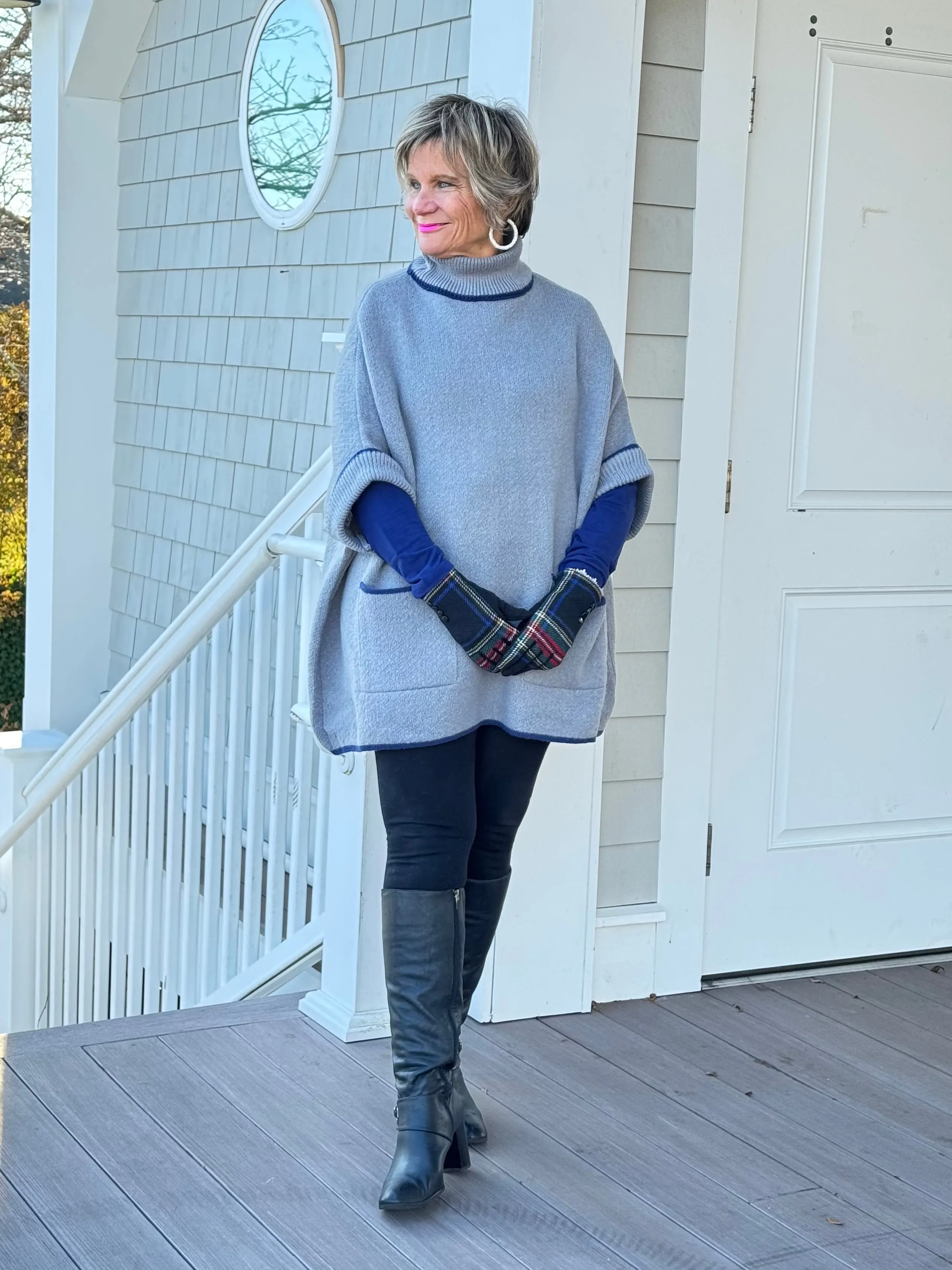 🐢 Cozy Turtle Gray  Neck Poncho with Arm Holes