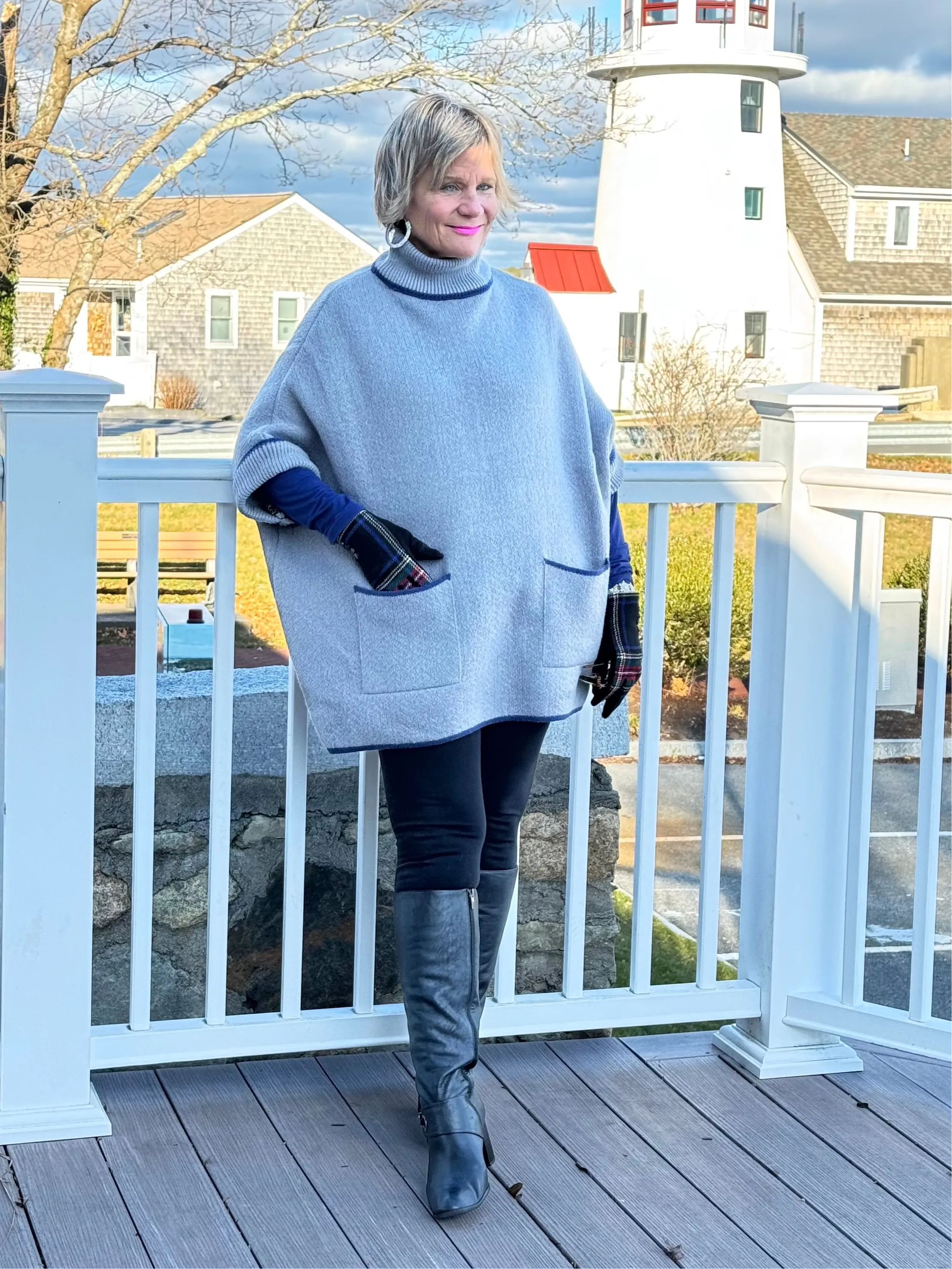 🐢 Cozy Turtle Gray  Neck Poncho with Arm Holes