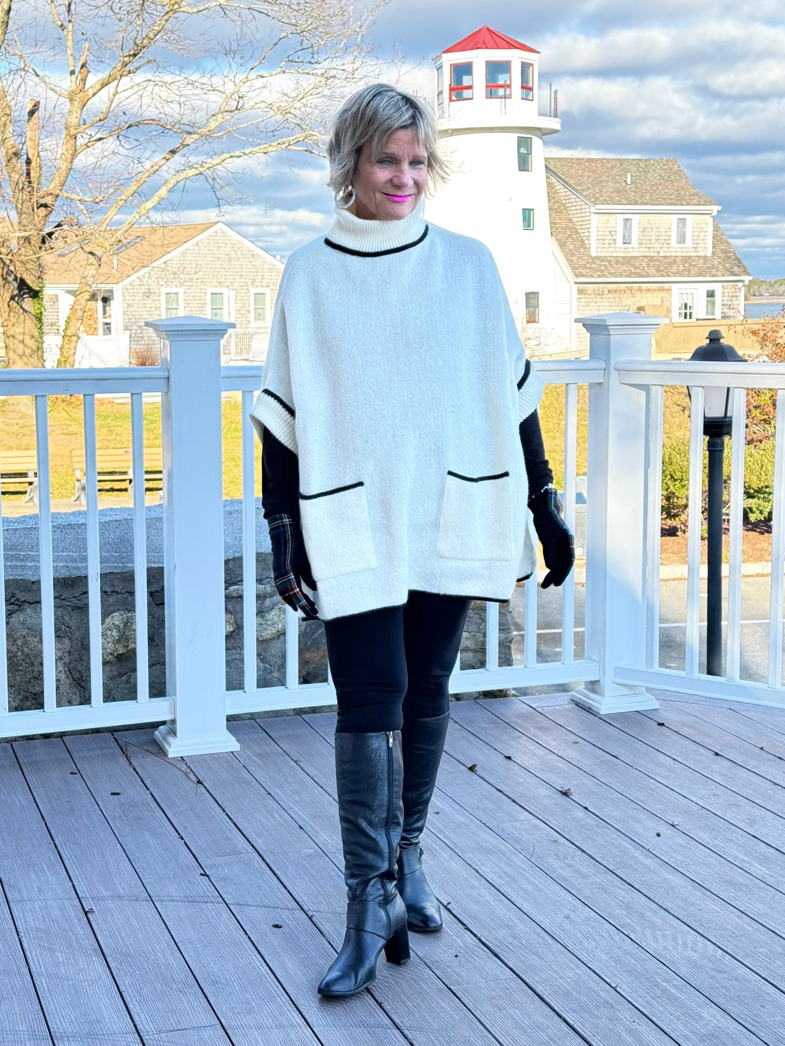 🐢 Cozy Turtle White  Neck Poncho with Arm Holes