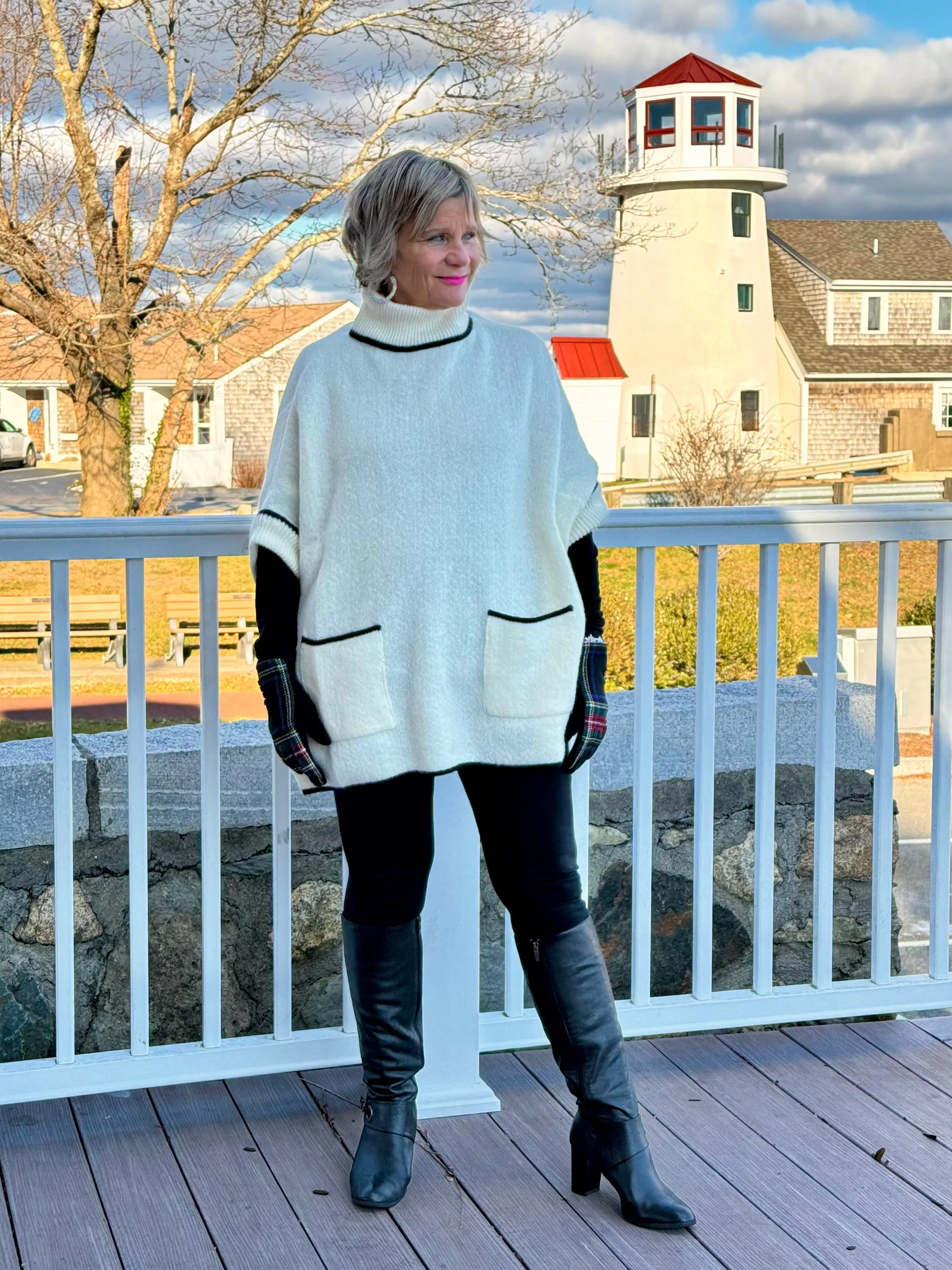 🐢 Cozy Turtle White  Neck Poncho with Arm Holes