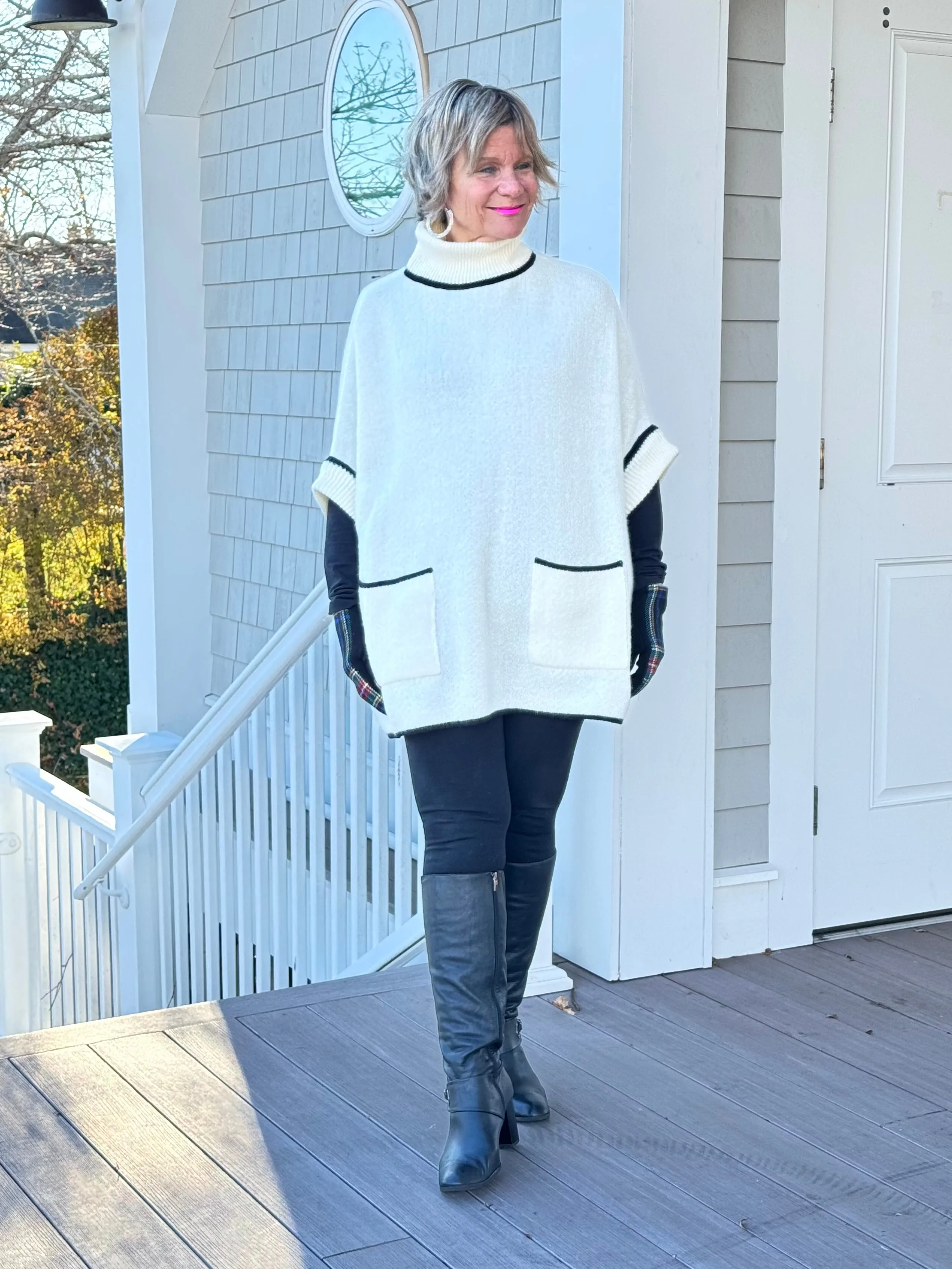 🐢 Cozy Turtle White  Neck Poncho with Arm Holes