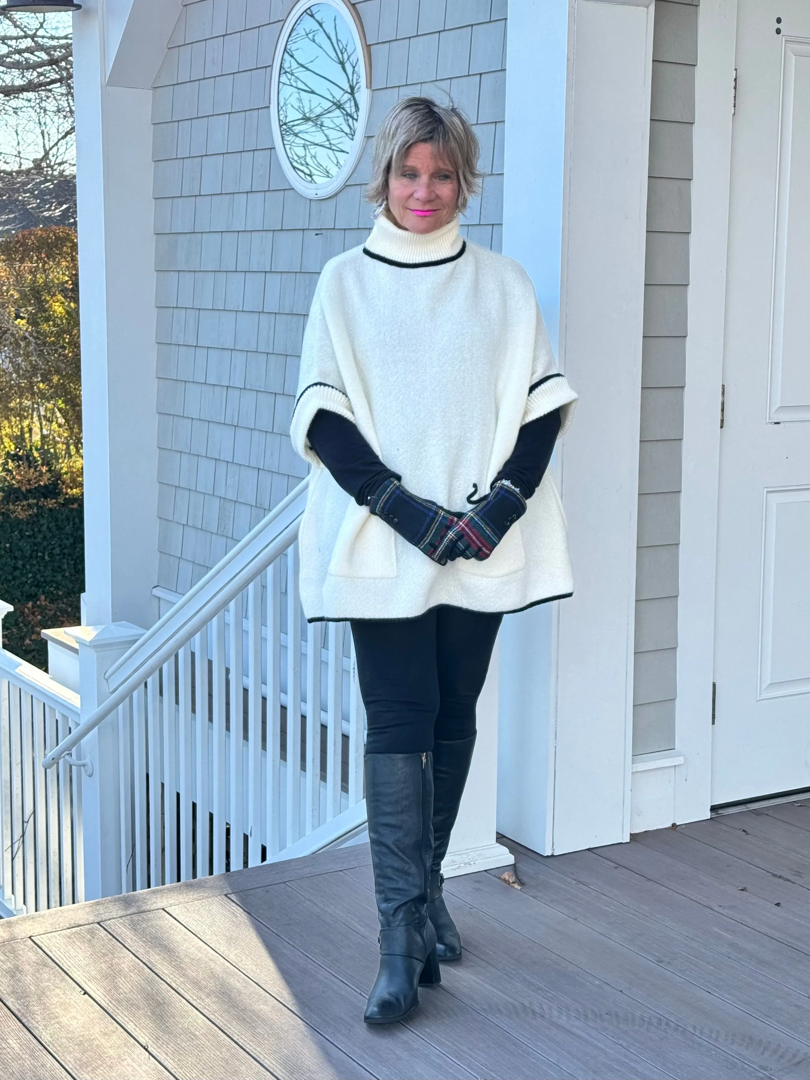 🐢 Cozy Turtle White  Neck Poncho with Arm Holes