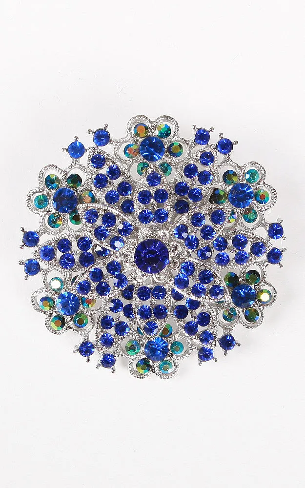 06564 Blue Silver Crystal Pave Chunky Brooch