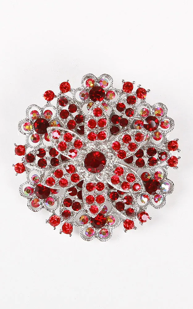 06564 Red Silver Crystal Pave Chunky Brooch