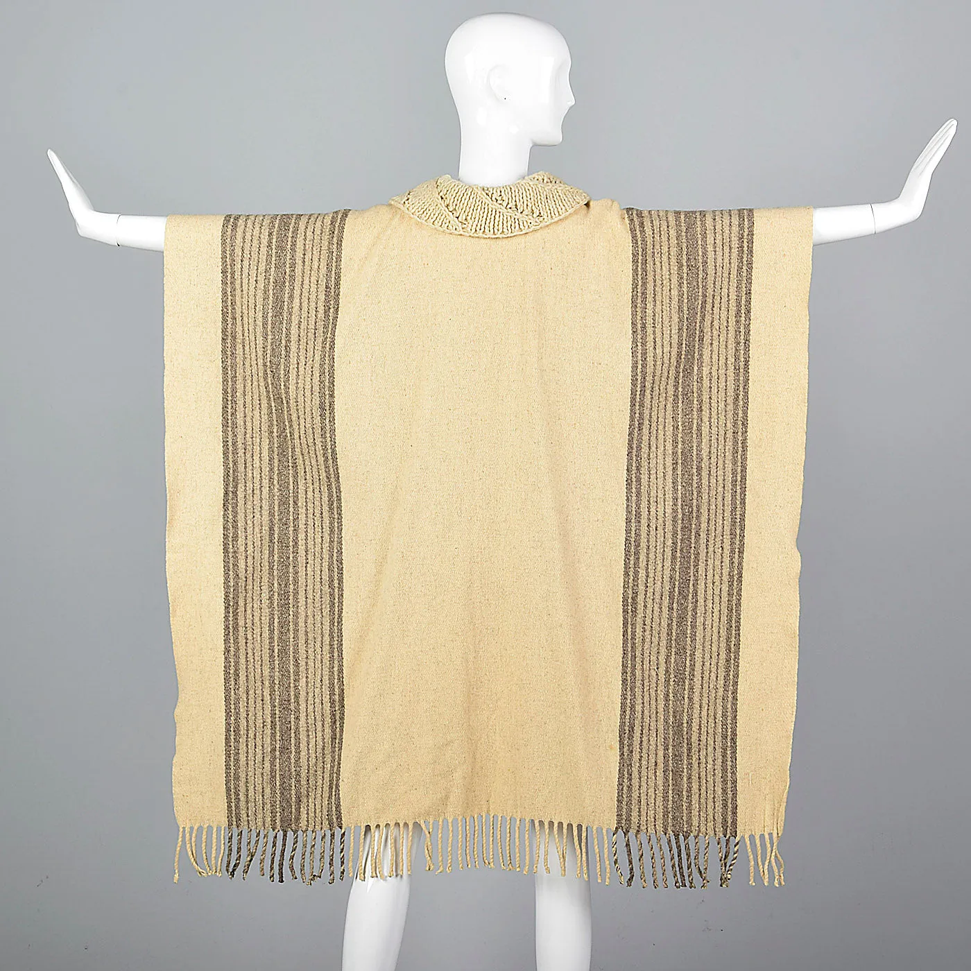 1970s Wool Stripe Chunky Knit Autumn Poncho Vintage Outerwear