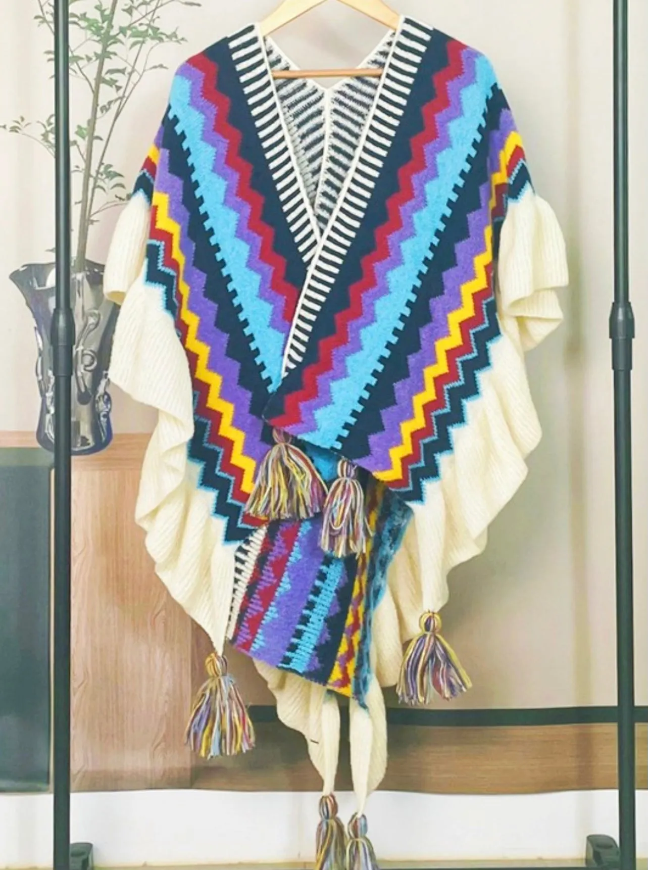 AZTEC TASSELED PONCHO-Blue