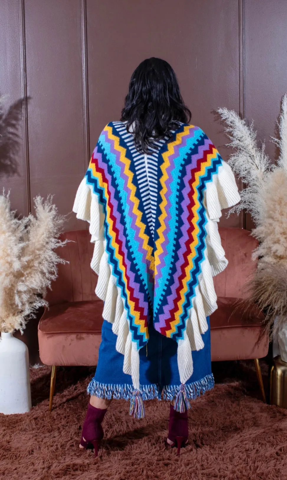 AZTEC TASSELED PONCHO-Blue