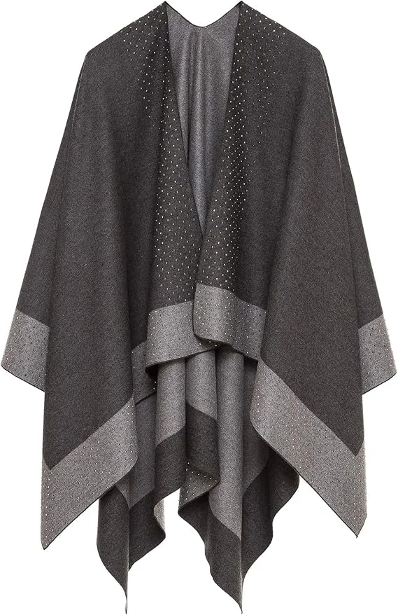 Beige-Gray Luxurious Knit Sweater Poncho Cardigan