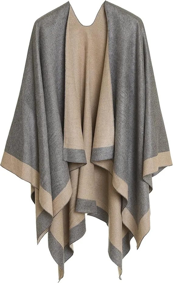 Beige-Gray Luxurious Knit Sweater Poncho Cardigan