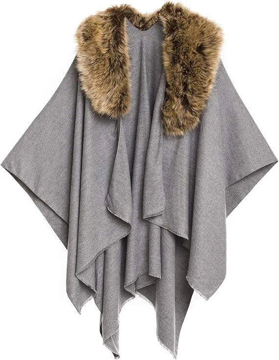 Beige-Gray Luxurious Knit Sweater Poncho Cardigan