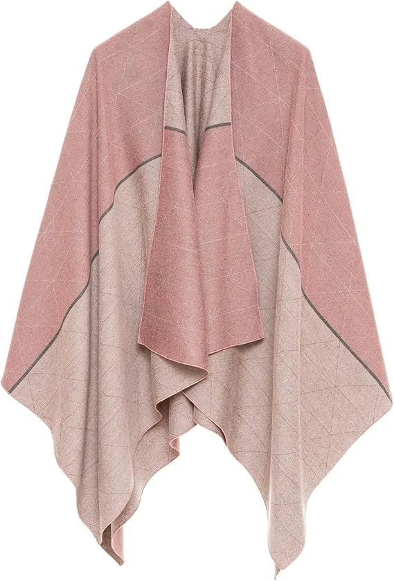 Beige-Gray Luxurious Knit Sweater Poncho Cardigan