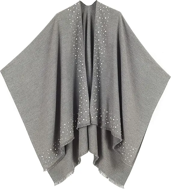 Beige-Gray Luxurious Knit Sweater Poncho Cardigan