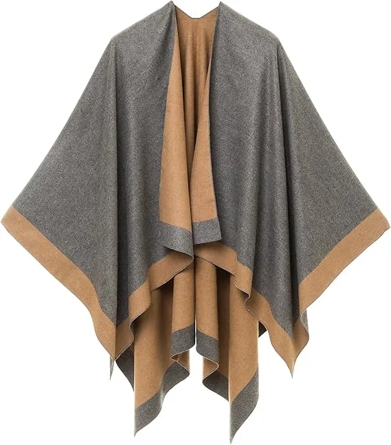 Beige-Gray Luxurious Knit Sweater Poncho Cardigan