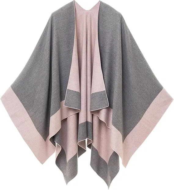 Beige-Gray Luxurious Knit Sweater Poncho Cardigan