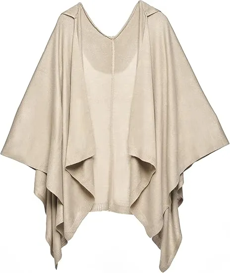 Beige-Gray Luxurious Knit Sweater Poncho Cardigan