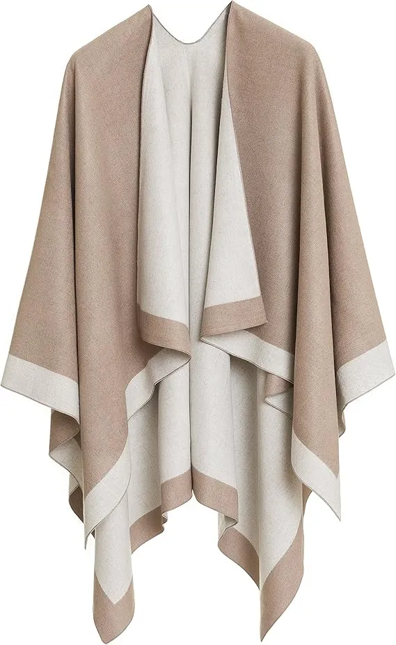 Beige-Gray Luxurious Knit Sweater Poncho Cardigan