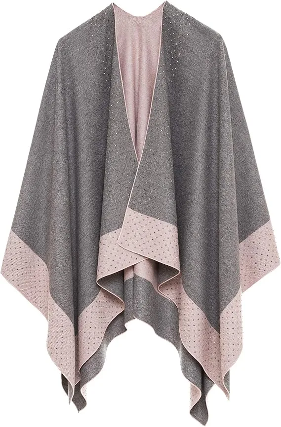 Beige-Gray Luxurious Knit Sweater Poncho Cardigan