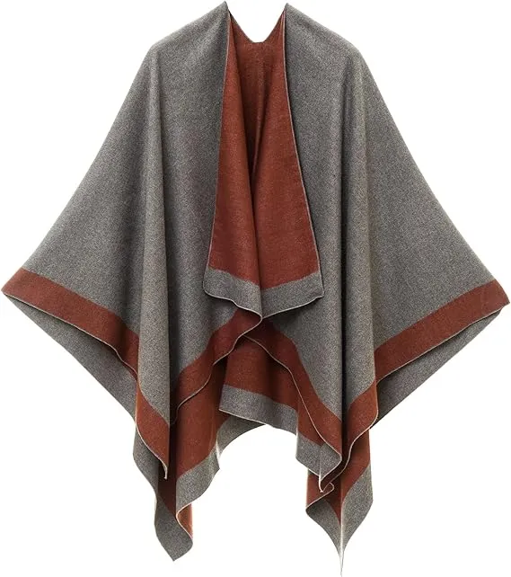 Beige-Gray Luxurious Knit Sweater Poncho Cardigan