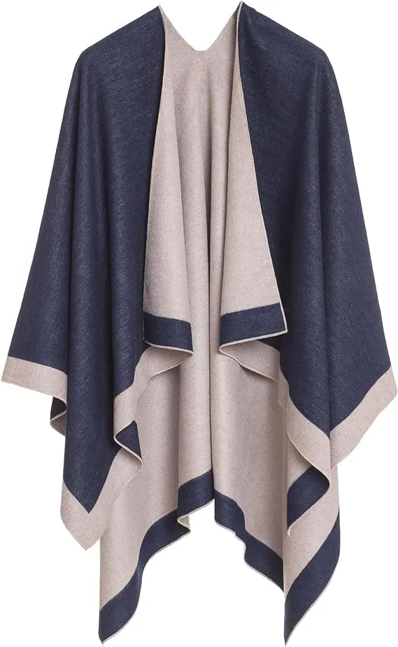 Beige-Gray Luxurious Knit Sweater Poncho Cardigan