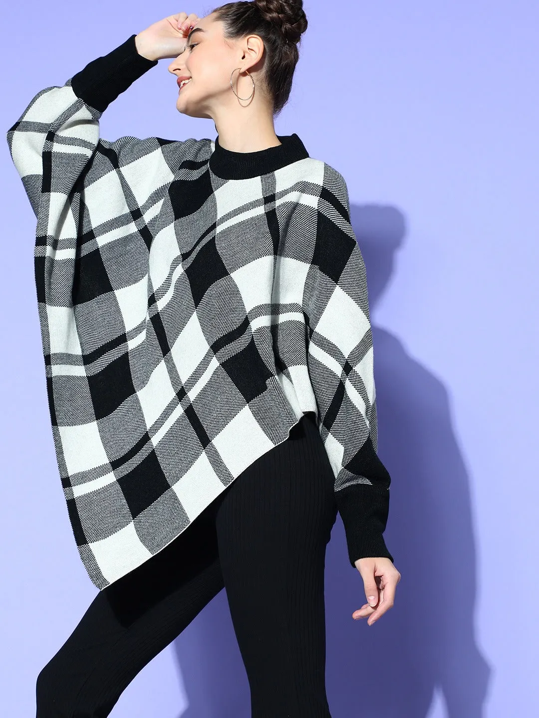 Berrylush Women Black & White Checked Pattern Mock Collar Neck Acrylic Asymmetric Hem Poncho