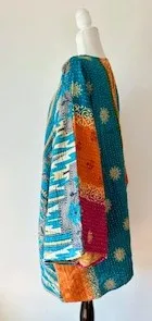 Best Seller: 4 Button Short Kantha Cotton Tunic is Seasonless (Aqua Abstract)