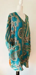 Best Seller: 4 Button Short Kantha Cotton Tunic is Seasonless (Aqua Abstract)