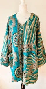 Best Seller: 4 Button Short Kantha Cotton Tunic is Seasonless (Aqua Abstract)