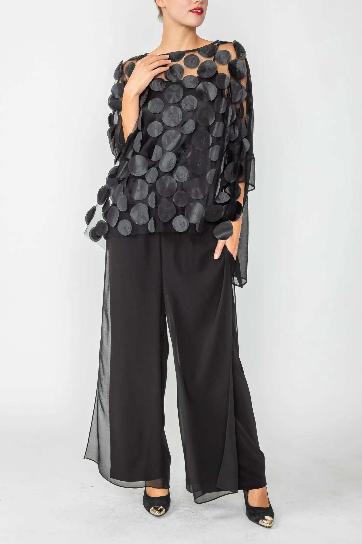 Black Boat-Neck See Through Mesh & Chiffon Poncho Top