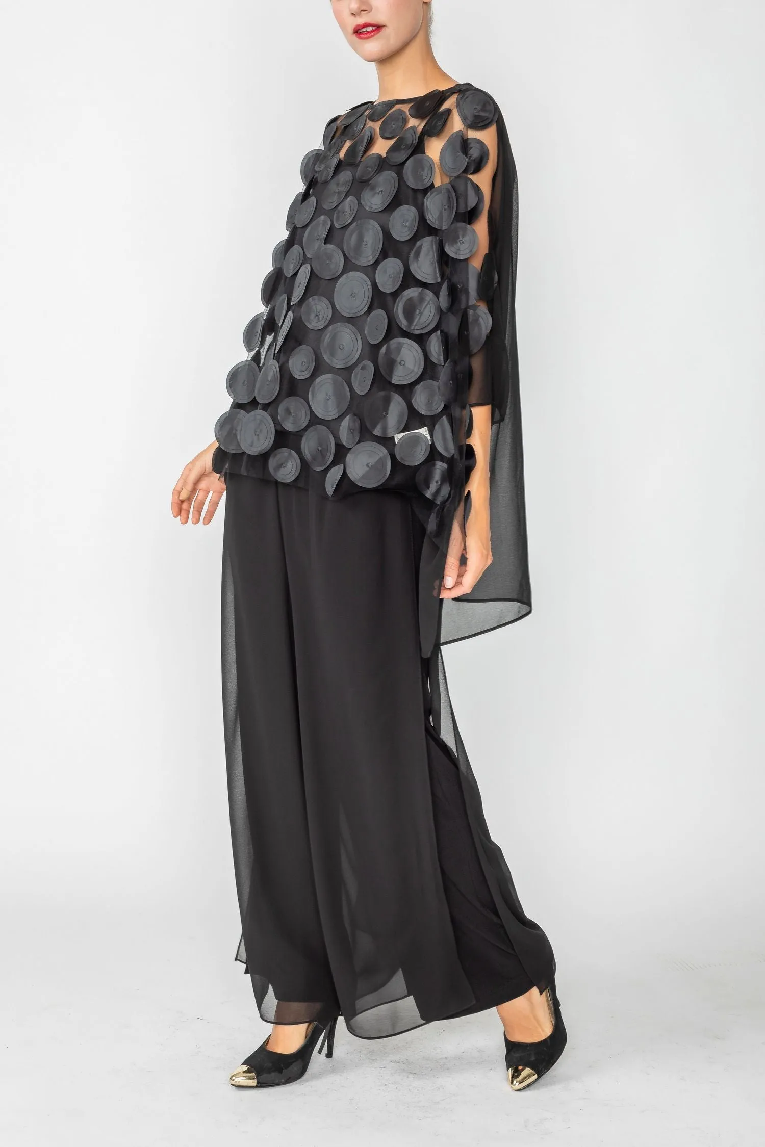 Black Boat-Neck See Through Mesh & Chiffon Poncho Top