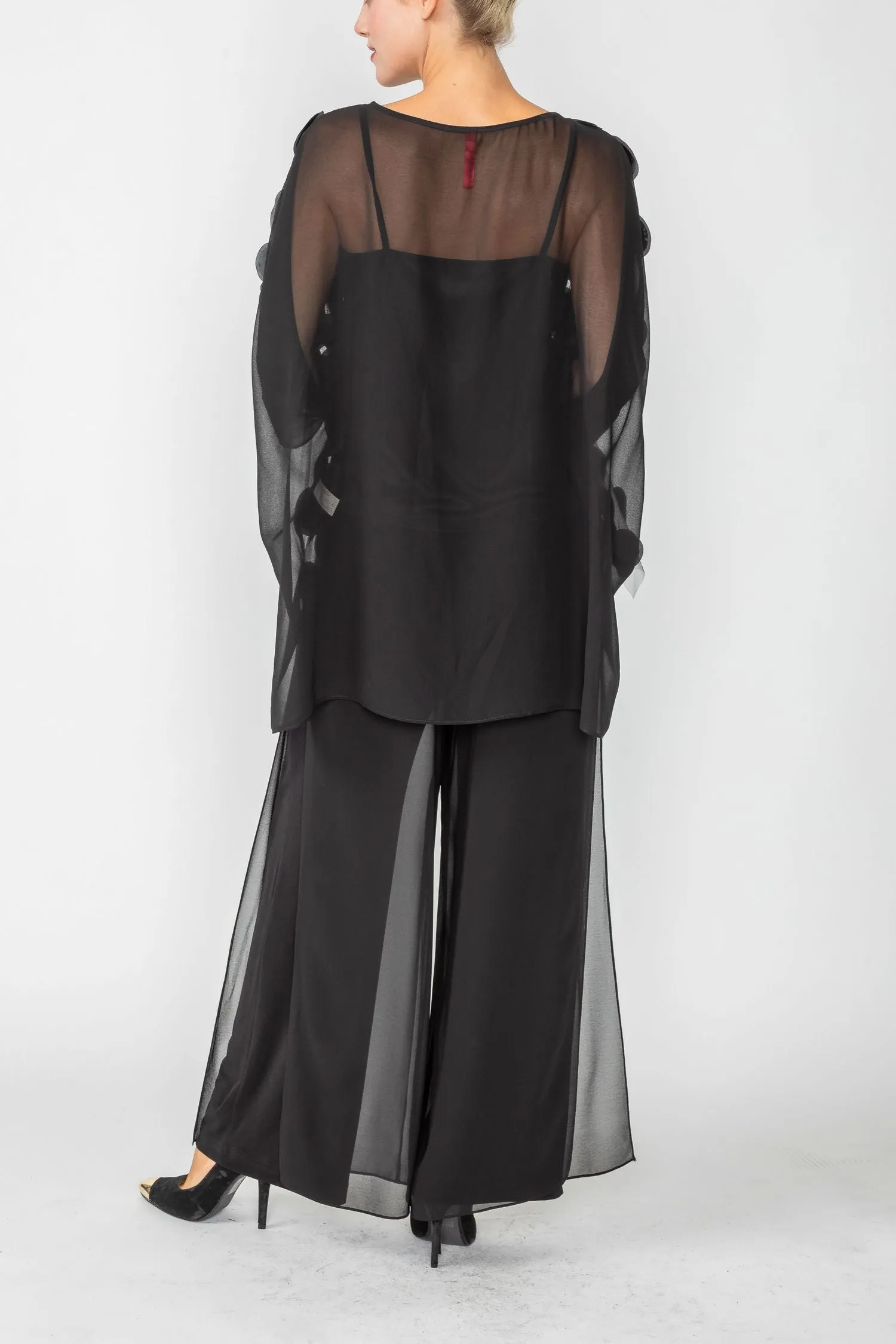 Black Boat-Neck See Through Mesh & Chiffon Poncho Top