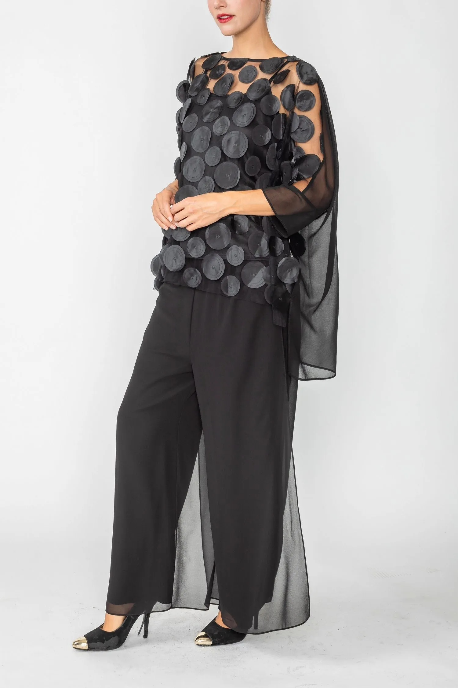 Black Boat-Neck See Through Mesh & Chiffon Poncho Top