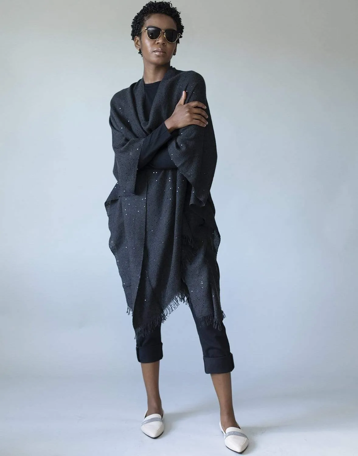 Black Cashmere and Silk Frayed Poncho