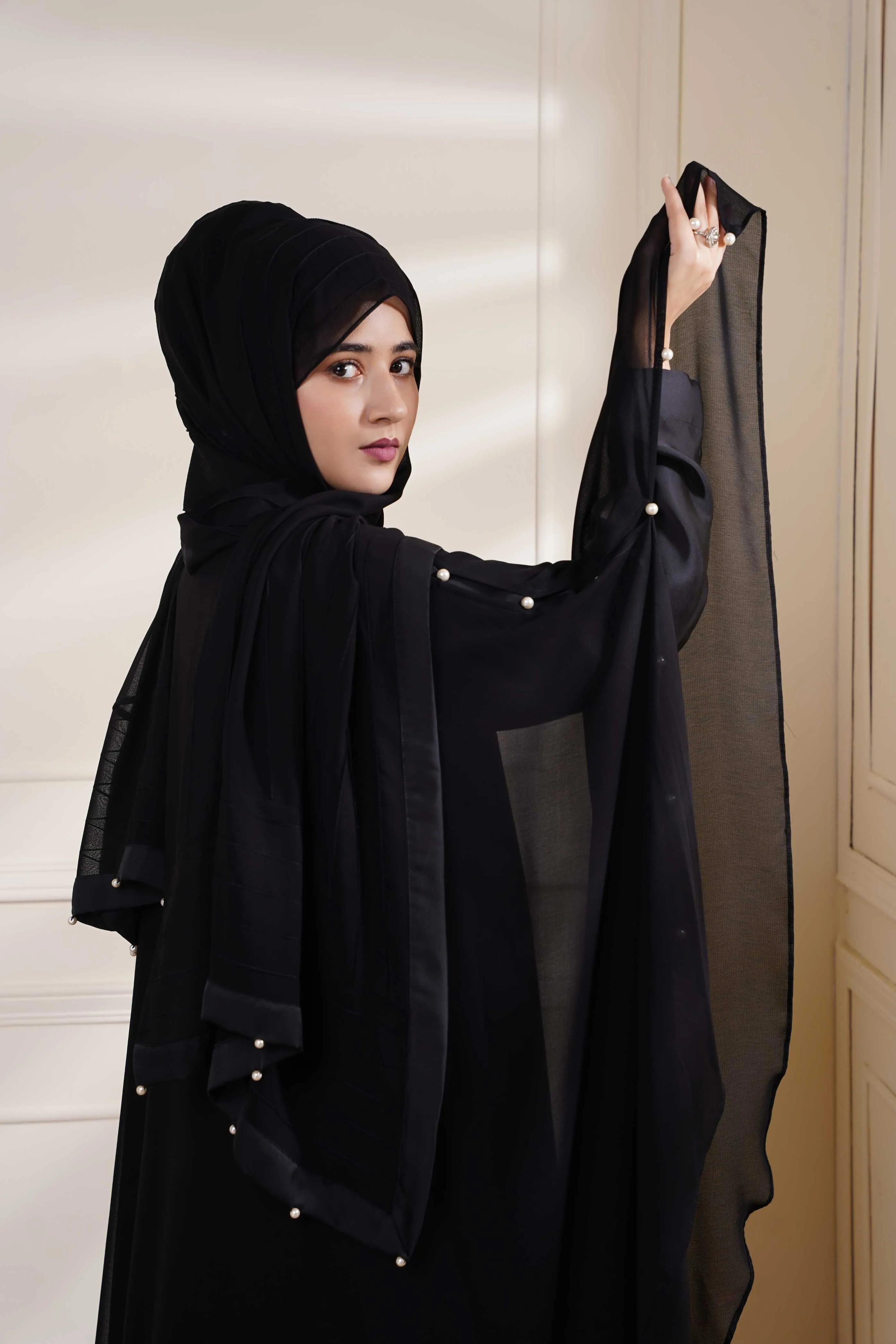 Black Formal Poncho with Pearls