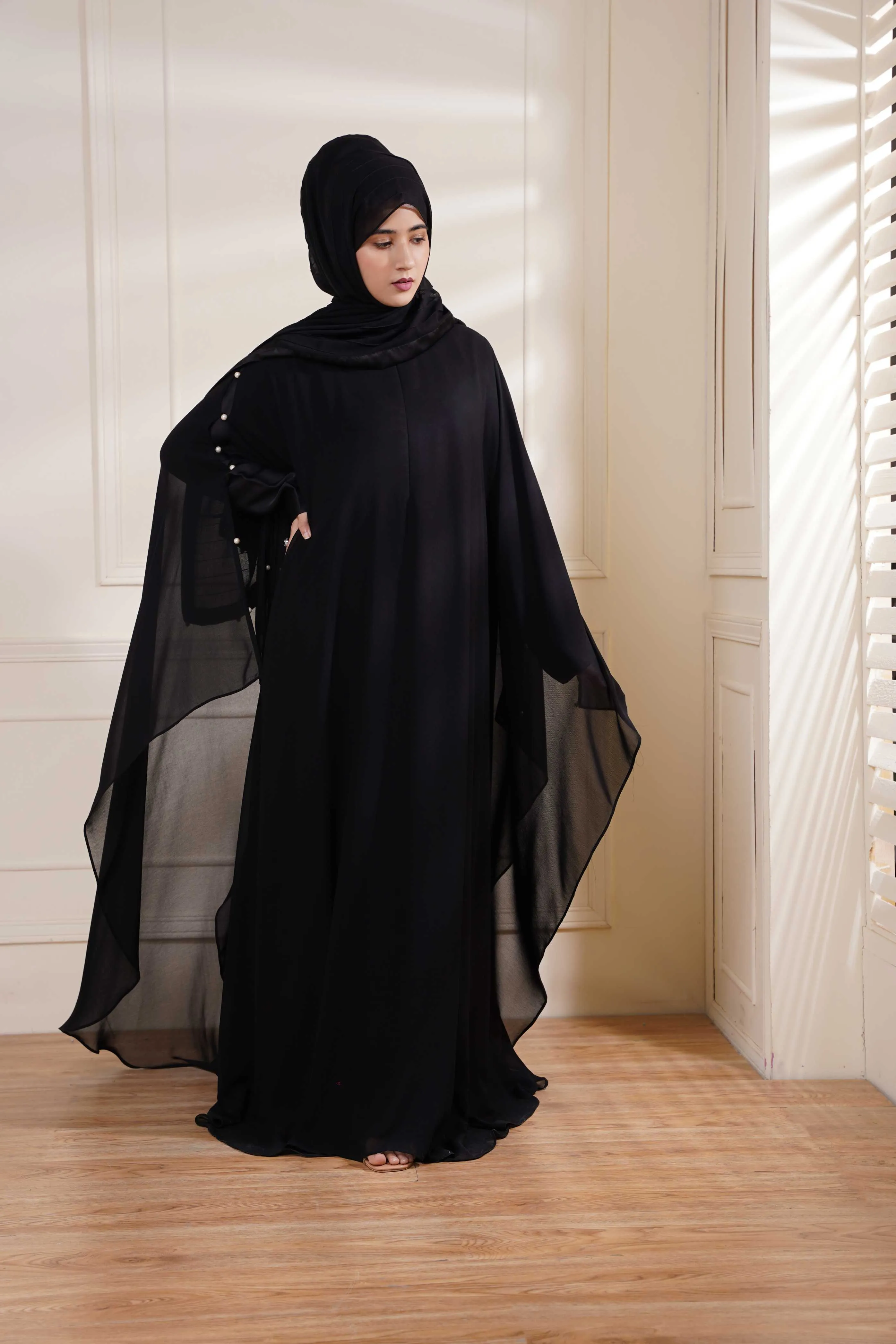 Black Formal Poncho with Pearls