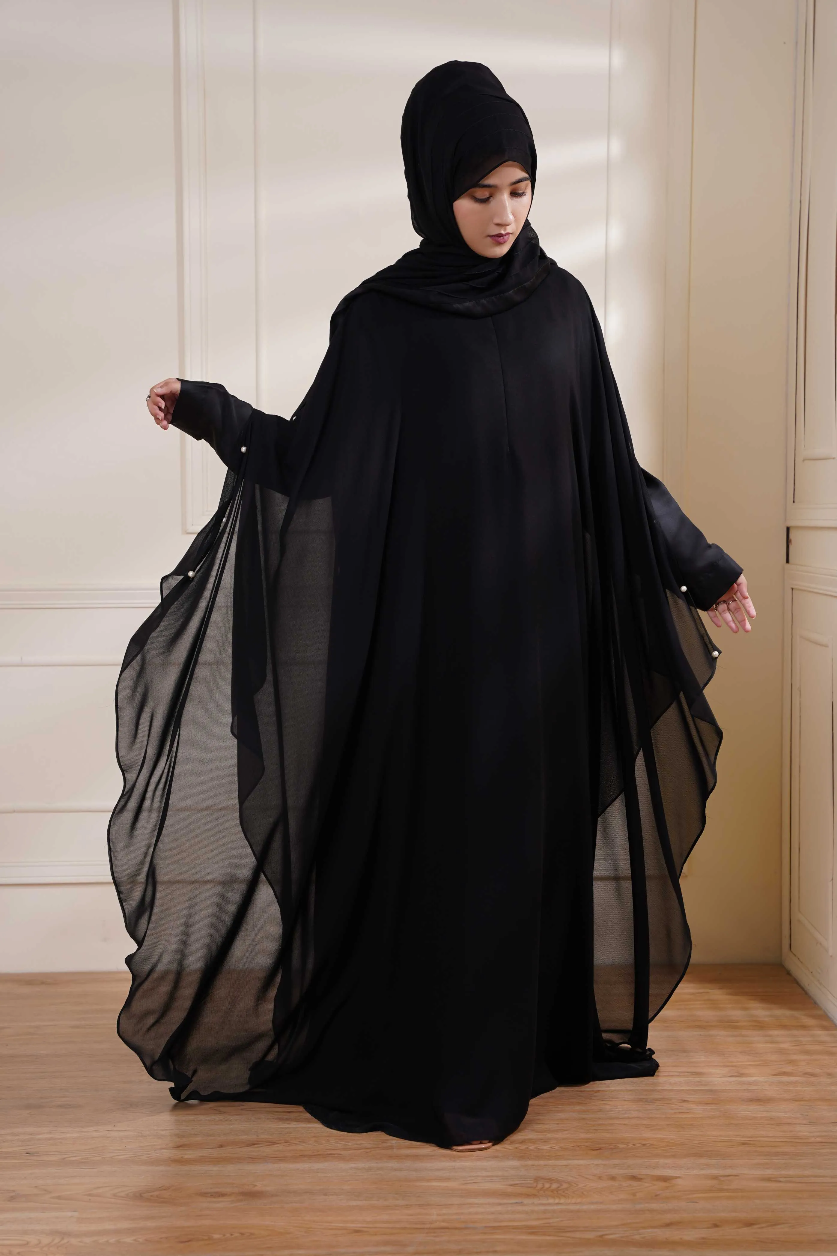 Black Formal Poncho with Pearls