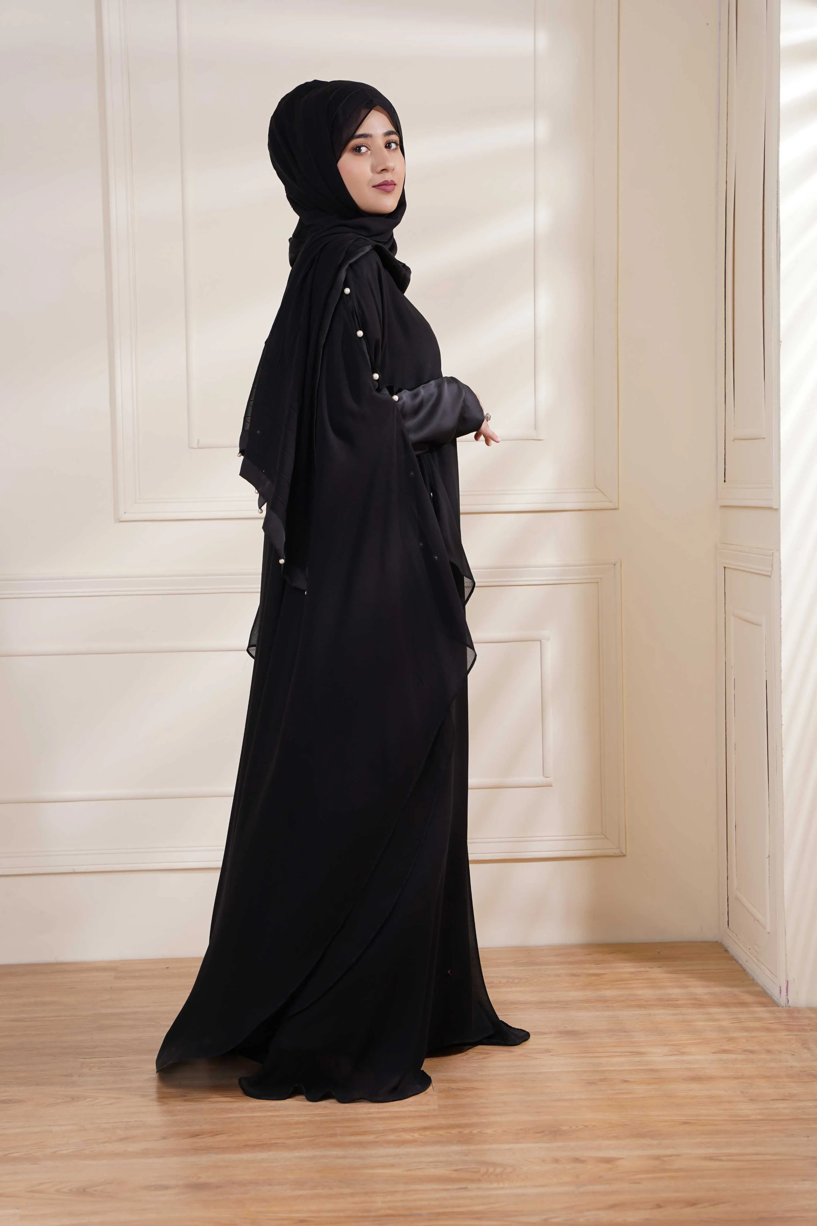 Black Formal Poncho with Pearls