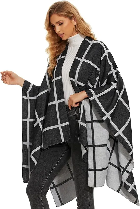 Black-Gray Soft Knit Wrap Poncho Style Cardigan