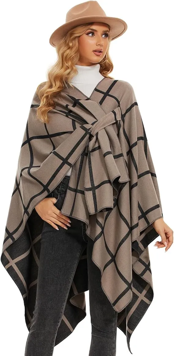 Black-Gray Soft Knit Wrap Poncho Style Cardigan