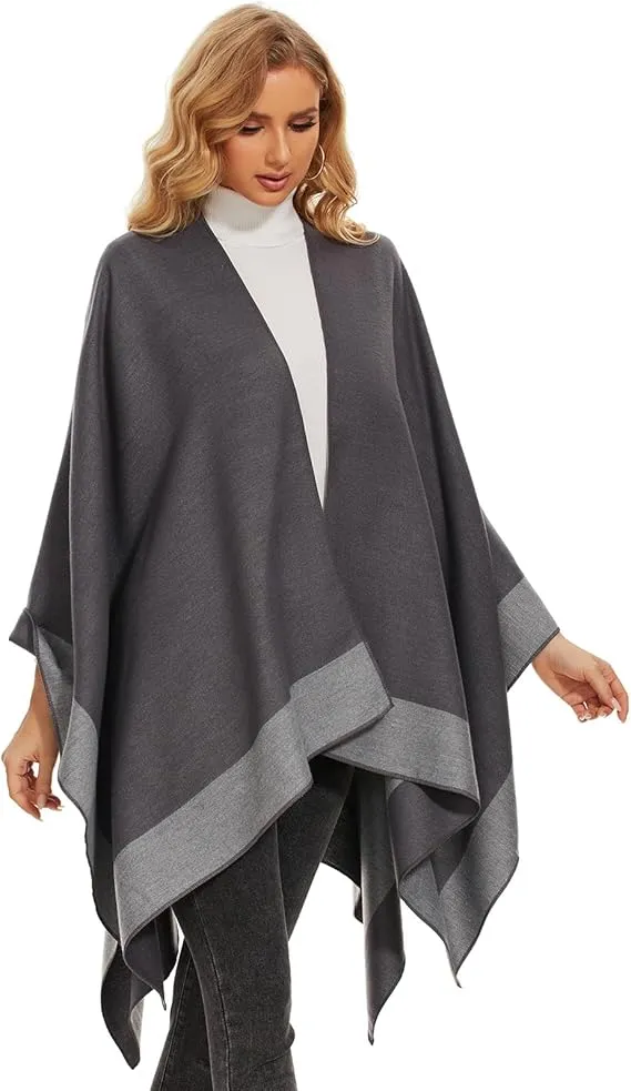 Black-Gray Soft Knit Wrap Poncho Style Cardigan