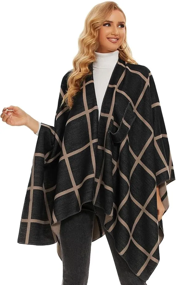 Black-Gray Soft Knit Wrap Poncho Style Cardigan