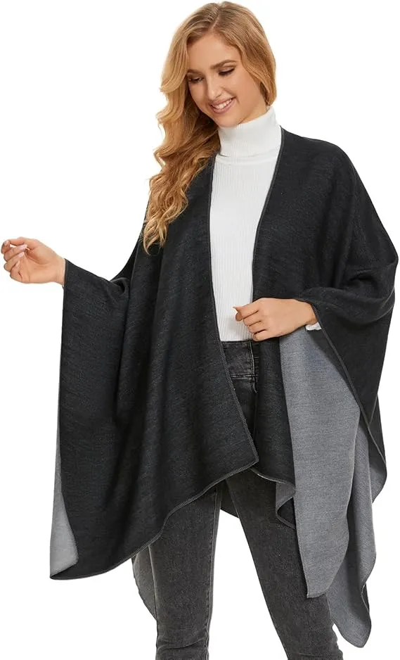 Black-Gray Soft Knit Wrap Poncho Style Cardigan