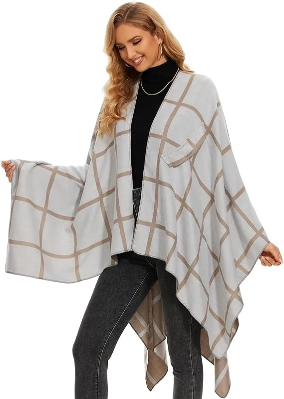 Black-Gray Soft Knit Wrap Poncho Style Cardigan