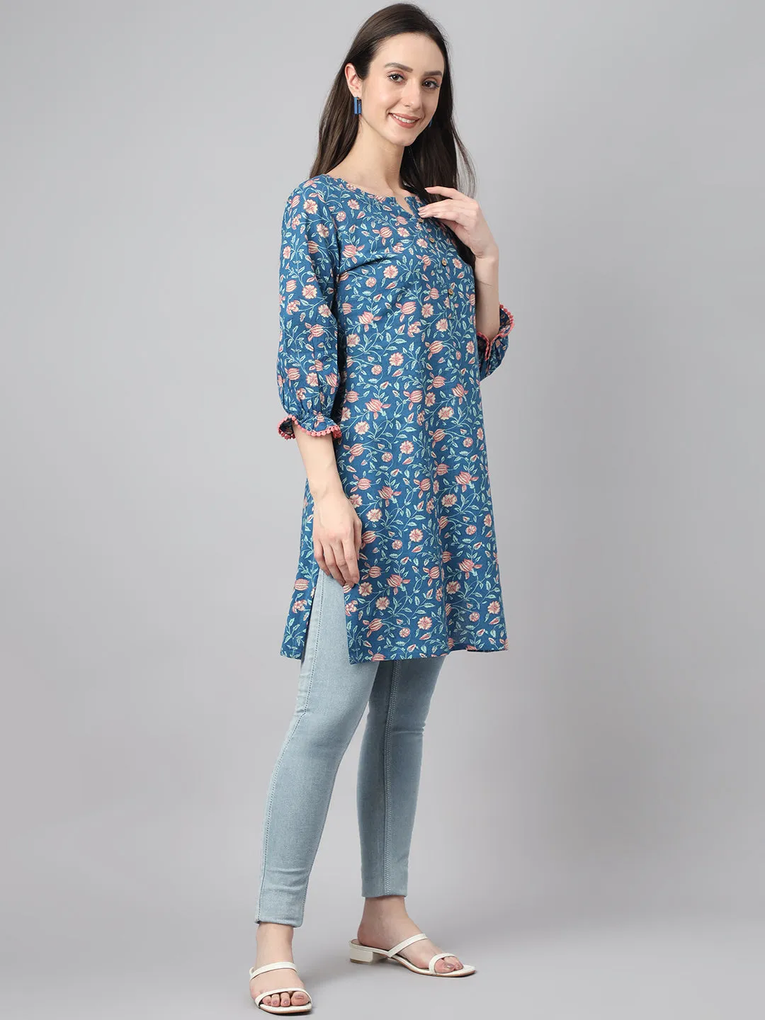 Blue Cotton Floral Print Tunic  - By Janasya