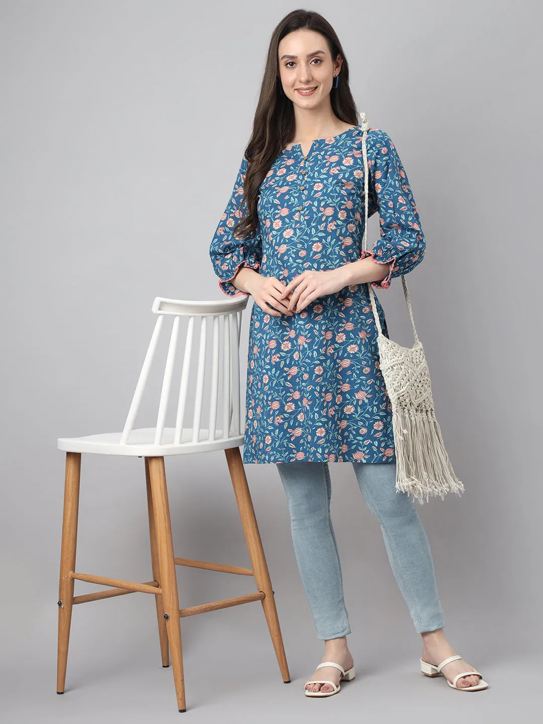 Blue Cotton Floral Print Tunic  - By Janasya