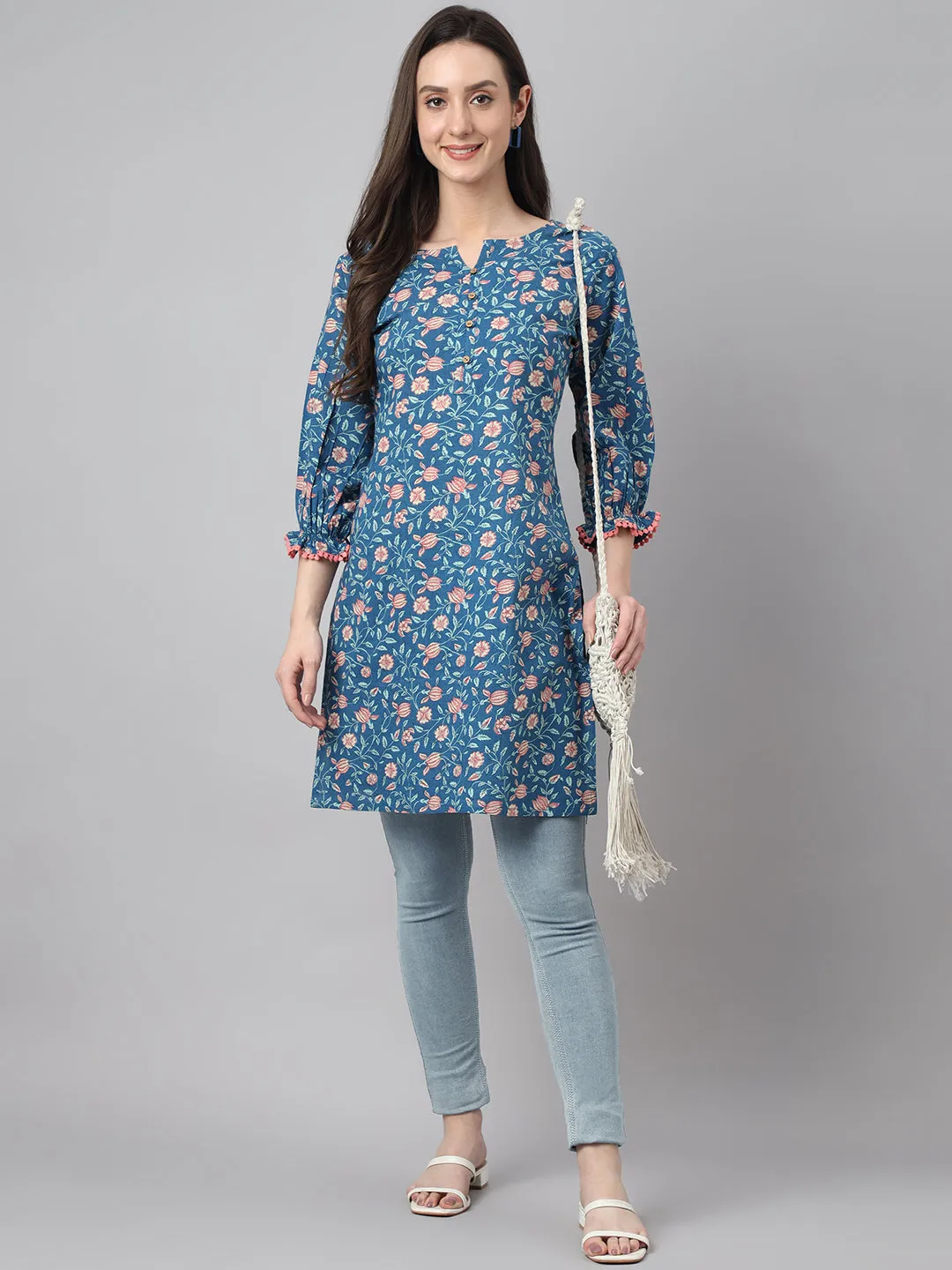 Blue Cotton Floral Print Tunic  - By Janasya