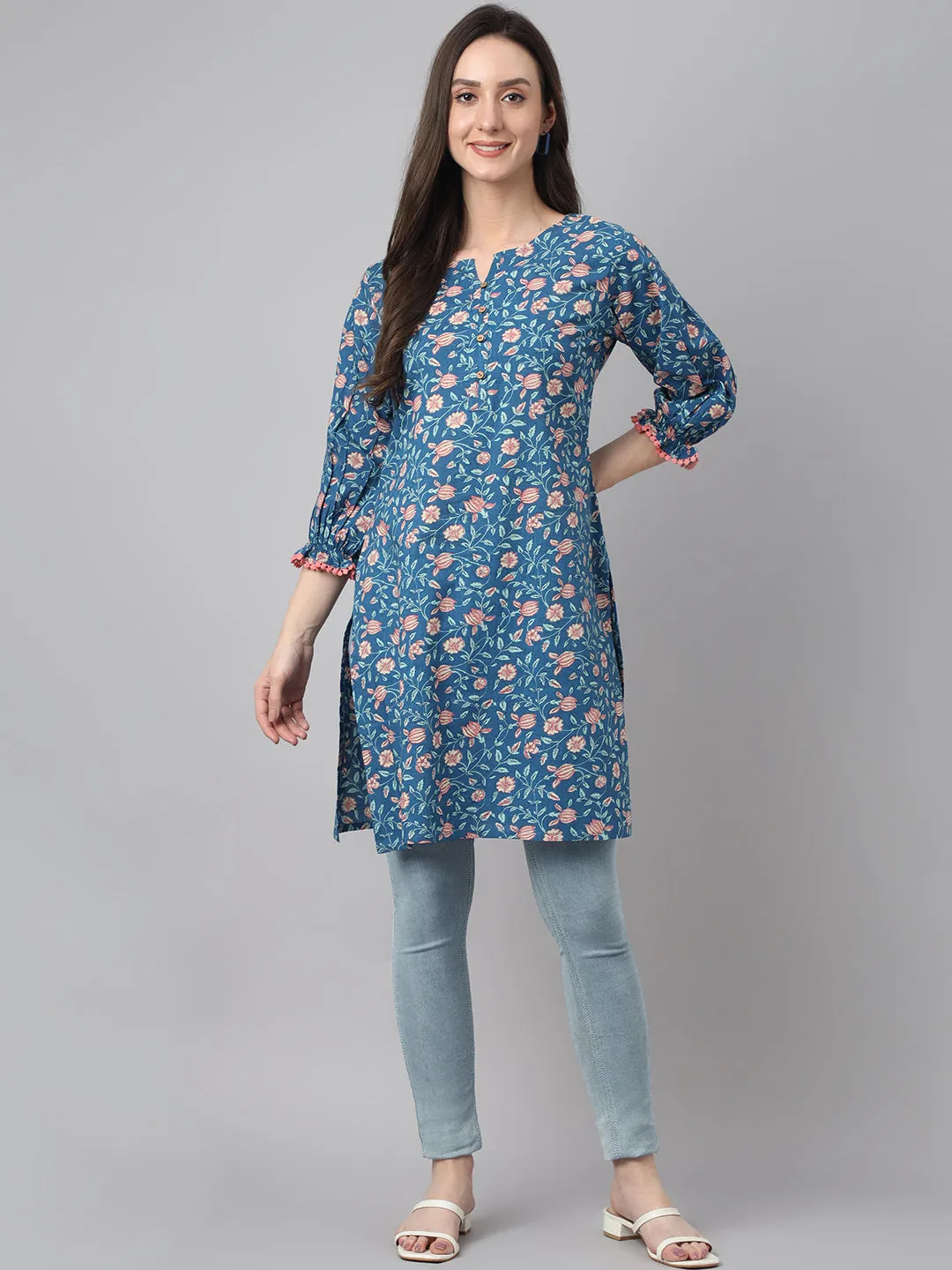 Blue Cotton Floral Print Tunic  - By Janasya