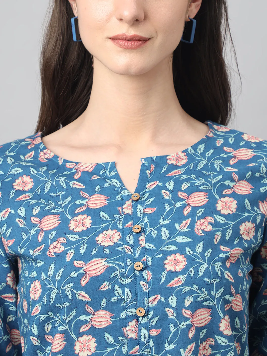 Blue Cotton Floral Print Tunic  - By Janasya